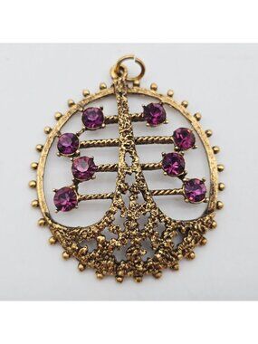 Gold Tone Filigree Pendant 8 Purple Rhinestones & Nuggets 1970s Vintage 2"